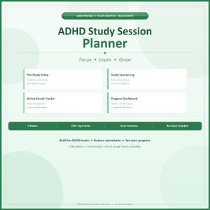 ADHD Study Session Planner Excel - Active Recall Tracker Progress Dashboard - ADHD Digital Planner Students - Instant Download