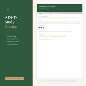 Peut inclure: Un modèle numérique de planificateur de session d'étude TDAH en vert foncé et blanc. L'interface comprend des sections pour la session du jour, l'objectif, un minuteur Pomodoro avec cinq carrés colorés, une liste de contrôle et une barre de progression.