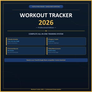 Peut inclure: Un suivi d'entraînement numérique pour 2026, édition professionnelle, avec un design bleu foncé et or. Comprend un calendrier hebdomadaire, un suivi des progrès, des records personnels et des mesures corporelles. Compatible avec Excel et Google Sheets.