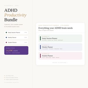 May include: A digital ADHD Productivity Bundle featuring three planners: Study Session Planner, Weekly Planner, and Student Planner. The interface displays text including 'Everything your ADHD brain needs' and '16 sheets total' for Excel and Google Sheets.