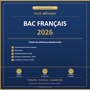 Peut inclure: Visuel bleu marine et doré pour le pack méthode "BAC FRANÇAIS 2026". L'image présente le programme, avec "5 fiches de méthode professionnelles" et des détails sur les fichiers PDF et la compatibilité iPad.