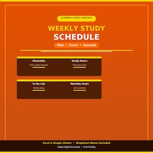 Modello di programma di studio settimanale - Excel Google Sheets - Orario, monitoraggio delle ore di studio, lista delle cose da fare - Download immediato