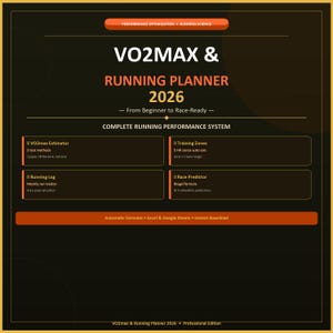 May include: A digital graphic for a running planner, titled "VO2MAX & RUNNING PLANNER 2026." The design features orange and black text, with sections for VO2max Estimator, Training Zones, Running Log, and Race Predictor. The planner is described as a complete running performance system.