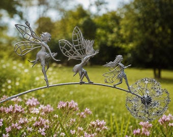 Escultura de jardín de diente de león de hadas de metal: arte exterior caprichoso, adorno encantado para el patio.