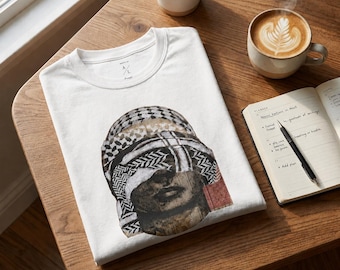 Camiseta de mujer palestina con keffiyeh, camiseta gráfica de resistencia cultural, camiseta unisex con retrato de patrimonio.