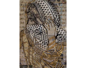 Póster de mujer palestina con kufiya, arte mural de artista de Gaza, lámina de arte árabe, póster de solidaridad con Palestina
