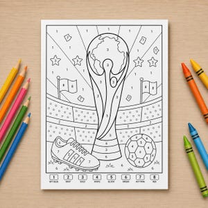Fußball-Weltmeisterschaft: Ausmalen nach Zahlen zum Ausdrucken, Malvorlage für Kinder, Pokal-Arbeitsblatt, Sport-Aktivitätsblatt