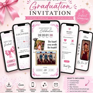 May include: Digital graduation invitation displayed on smartphones. The design features pink accents, a countdown timer, RSVP form, and a gift option. The invitation includes animated pages and is fully editable in Canva.