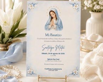 Plantilla de invitación para bautizo de la Virgen María, invitación de bautizo en español, invitación de bautizo católico editable en Canva, diseño floral azul.