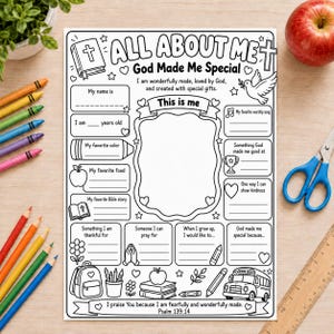 Könnte beinhalten: Ein schwarz-weißes, ausdruckbares Arbeitsblatt mit dem Titel All About Me God Made Me Special mit Lückentexten für persönliche Angaben, einem zentralen Rahmen für eine Zeichnung sowie Illustrationen von Bibel, Taube, Apfel und Schulbus.