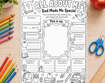 Christian All About Me Worksheet for Kids, God Made Me Special Printable, Sunday School Activity, Back to School Bible Worksheet