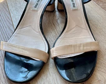 Miu Miu Patent Leather Two Tone Block Heel Ankle Strap Sandals Size 38
