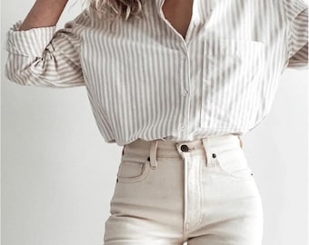 AYR The Deep End Button Down in Beige und Weiß Streifen Größe Mittel Baumwolle