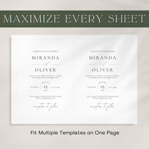 May include: A white wedding invitation template with the names "Miranda and Oliver" and event details. The text "MAXIMIZE EVERY SHEET" and "Fit Multiple Templates on One Page" are also visible.