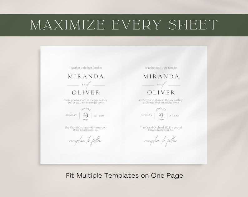 May include: A white wedding invitation template with the names "Miranda and Oliver" and event details. The text "MAXIMIZE EVERY SHEET" and "Fit Multiple Templates on One Page" are also visible.