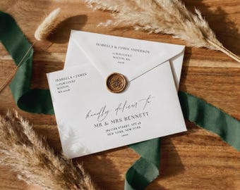 Etichette per indirizzi degli invitati al matrimonio, modello Canva modificabile, modello per indirizzi su busta per inviti in formato A7 e 5x7, carattere calligrafico