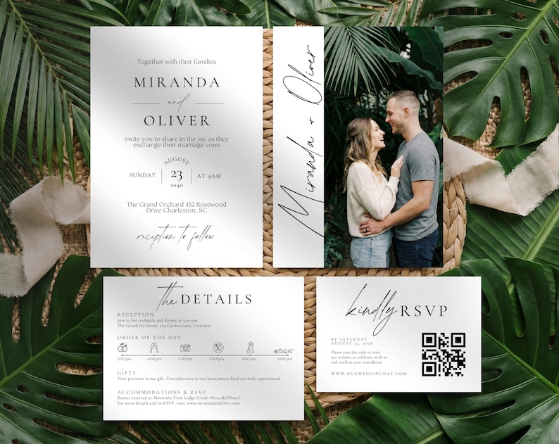 May include: A set of wedding stationery with a minimalist design. The invitation features the names "Miranda and Oliver" and wedding details. A photo of the couple is included. The RSVP card has a QR code. The stationery is on a background of tropical leaves.