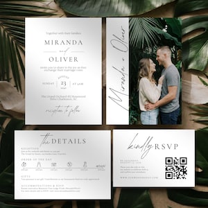 May include: A set of wedding invitation cards with a minimalist design. The main invitation features the names "Miranda and Oliver" and event details. A photo card shows a couple. RSVP and details cards are also included.
