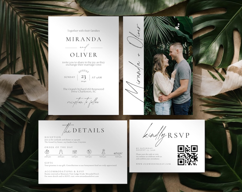 May include: A set of wedding invitation cards with a minimalist design. The main invitation features the names "Miranda and Oliver" and event details. A photo card shows a couple. RSVP and details cards are also included.