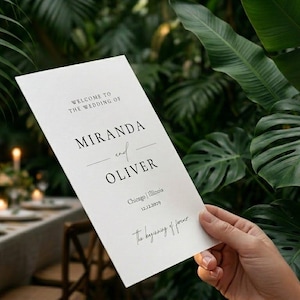 Wedding itinerary design showing timeline and events, editable program for modern brides.