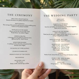 Close up of elegant fonts on a printable ceremony program, editable wedding itinerary details.