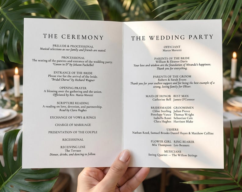 Close up of elegant fonts on a printable ceremony program, editable wedding itinerary details.