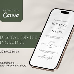 May include: A smartphone displays a digital wedding invitation with the names "Miranda and Oliver" and event details. The invitation includes the text "Digital Invite Included" and is compatible with iPhone and Android devices.