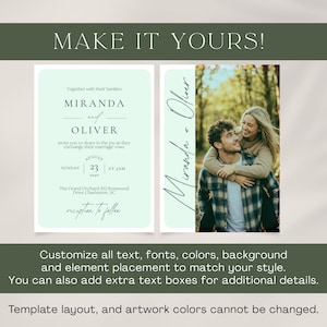 May include: A wedding invitation design featuring the names "Miranda and Oliver" in elegant script. The design includes a photo of the couple, event details, and the phrase "Make it Yours!" in a modern font. The invitation is set against a soft green background.
