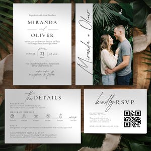 Conjunto de convites de casamento com tipografia minimalista: Convite de casamento luxuoso em preto e branco, modelos editáveis do Canva