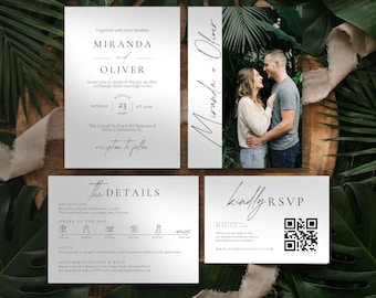 Clean Typography Wedding Invitation Suite Template: Luxury Black and White Wedding Invite, Editable Canva Templates