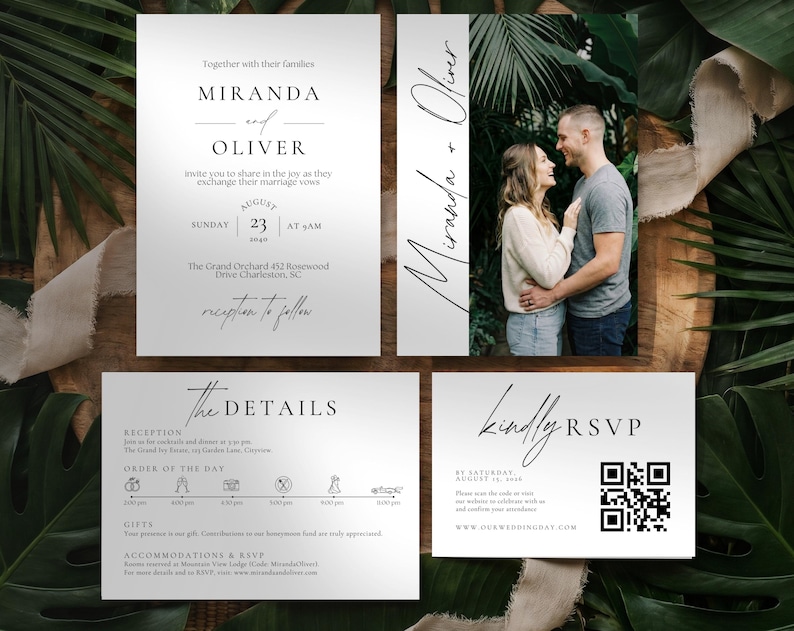 May include: Wedding invitation suite featuring a photo of a couple and details. The invitation includes the names "Miranda and Oliver", date, time, and location. Additional cards detail the reception, order of the day, and RSVP information.