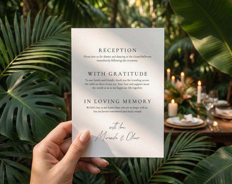 Minimalist wedding day program cards held in hands, modern minimalist aesthetic.