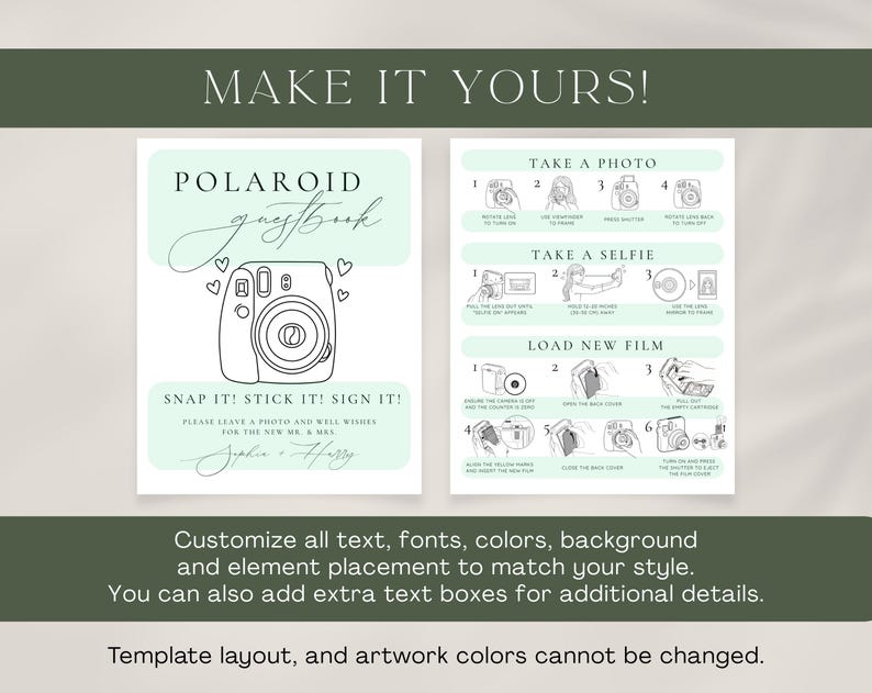 Canva template for wedding guest book sign compatible with Instax Mini 12 cameras