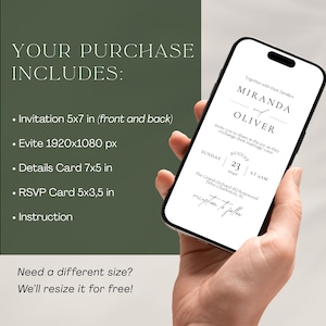 May include: A smartphone displays a wedding invitation design with the names Miranda and Oliver. The phone is held in a hand, with a green background listing included items: invitation, Evite, details card, RSVP card, and instructions.