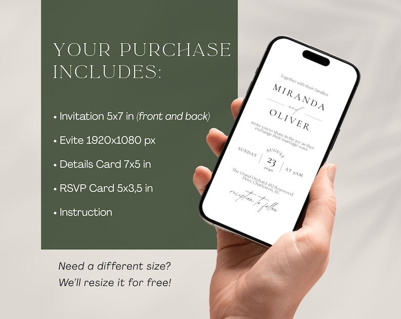 May include: A smartphone displays a wedding invitation design with the names Miranda and Oliver. The phone is held in a hand, with a green background listing included items: invitation, Evite, details card, RSVP card, and instructions.