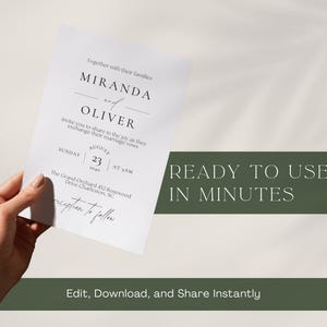 May include: A white invitation card held by a hand, featuring elegant typography with the names "Miranda and Oliver." The card includes the date, August 23, and the venue's address. Text on the card reads "Ready to Use in Minutes" and "Edit, Download, and Share Instantly."