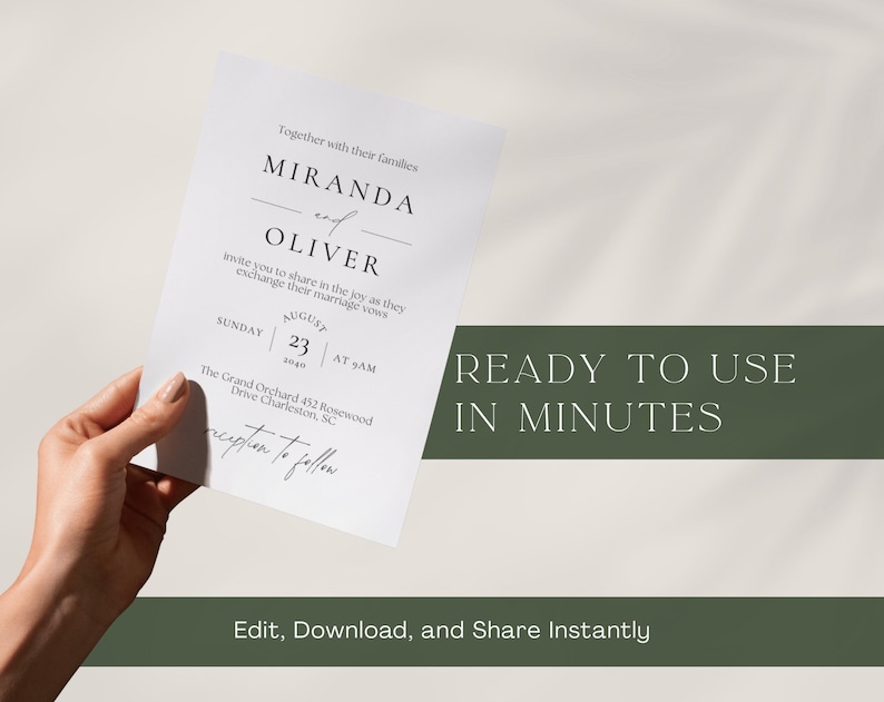 May include: A white invitation card held by a hand, featuring elegant typography with the names "Miranda and Oliver." The card includes the date, August 23, and the venue's address. Text on the card reads "Ready to Use in Minutes" and "Edit, Download, and Share Instantly."