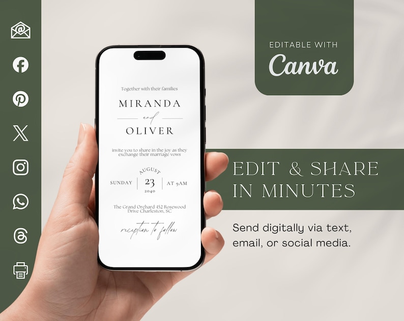 May include: A smartphone displays a wedding invitation with the names "Miranda and Oliver" in elegant script. The invitation includes the date, time, and location. The image also features the text "Edit & Share in Minutes" and "Editable with Canva."