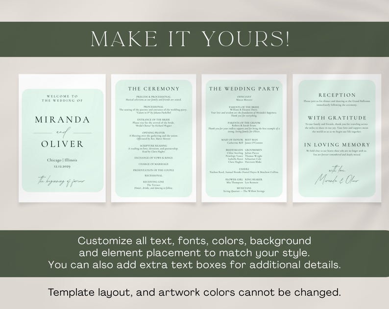Fully editable wedding itinerary: change text, fonts, and colors of this Canva template.