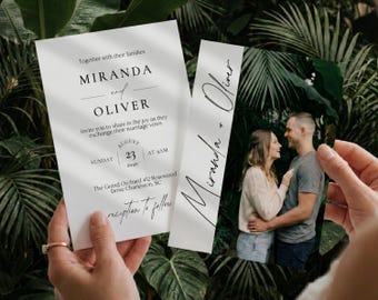 Sjabloon sjabloon huwelijksuitnodiging met strakke typografie: luxe zwart-wit huwelijksuitnodiging, bewerkbare canvassjablonen