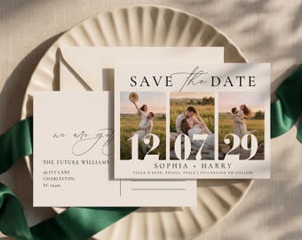 May include: A cream-colored Save the Date card featuring three photos of a couple in a field, with the date 12 07 29 in large white font, the names Sophia + Harry, and the location Villa d'Este, Tivoli, Italy, alongside a matching envelope.