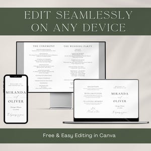 How it works: laptop screen showing an editable program template in Canva with easy drag and drop features.
