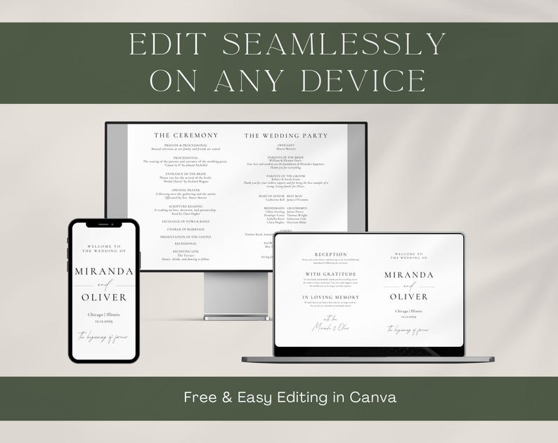 How it works: laptop screen showing an editable program template in Canva with easy drag and drop features.