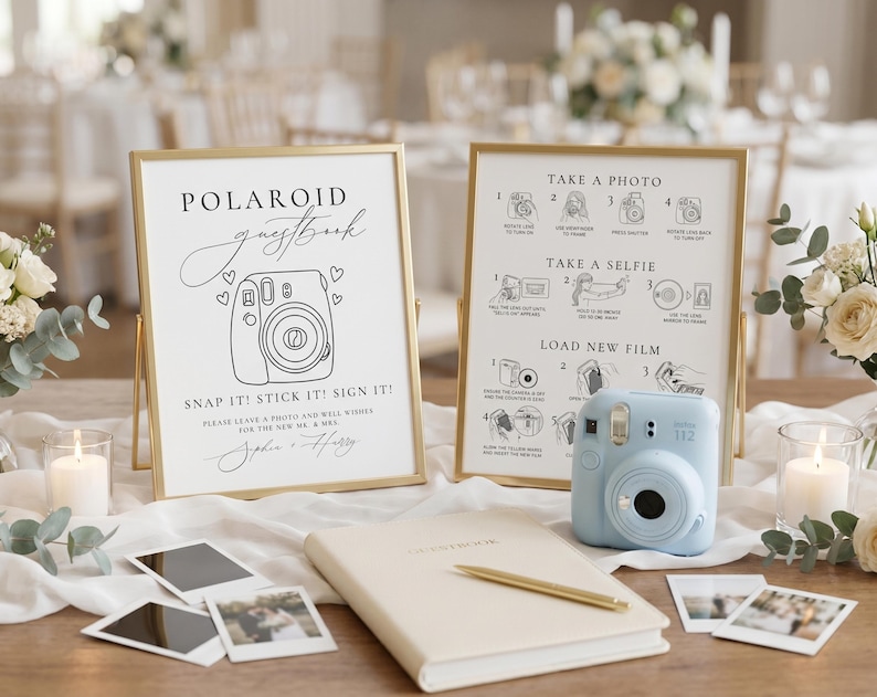 Instax Guest Book Sign editable Canva template for wedding reception photo guest book station