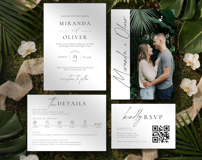 May include: A wedding invitation suite featuring a photo of a couple, and cards with details. The suite includes a main invitation, RSVP card with a QR code, and a details card. The text is in a modern font, with the names "Miranda and Oliver".
