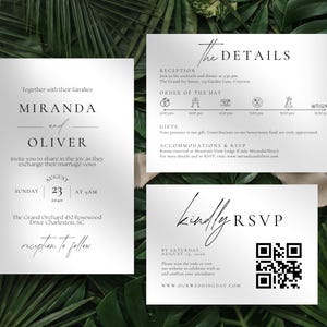 May include: Elegant wedding invitation suite with three cards. The main card announces the couple, Miranda and Oliver, with the wedding date and location. The details card lists reception information and the order of the day. The RSVP card includes a QR code.