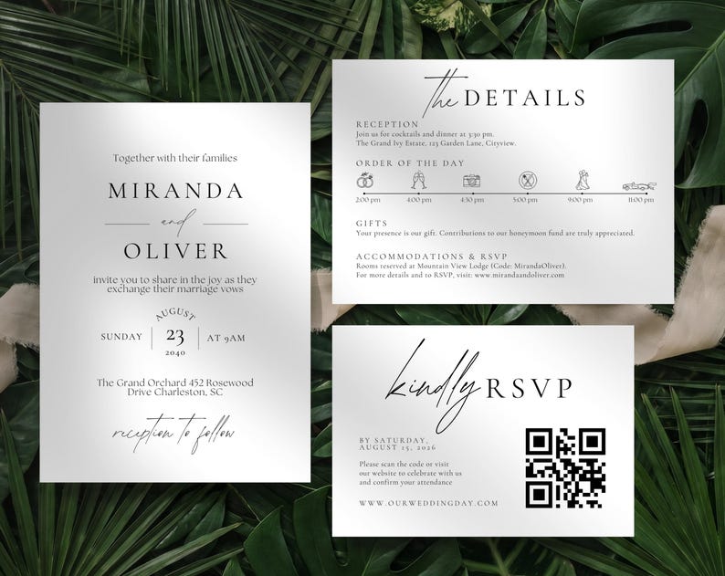May include: Elegant wedding invitation suite with three cards. The main card announces the couple, Miranda and Oliver, with the wedding date and location. The details card lists reception information and the order of the day. The RSVP card includes a QR code.