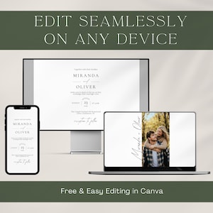 May include: A digital mockup of wedding invitations displayed on a smartphone, computer monitor, and laptop. The text "EDIT SEAMLESSLY ON ANY DEVICE" is at the top. The text "Free & Easy Editing in Canva" is at the bottom.