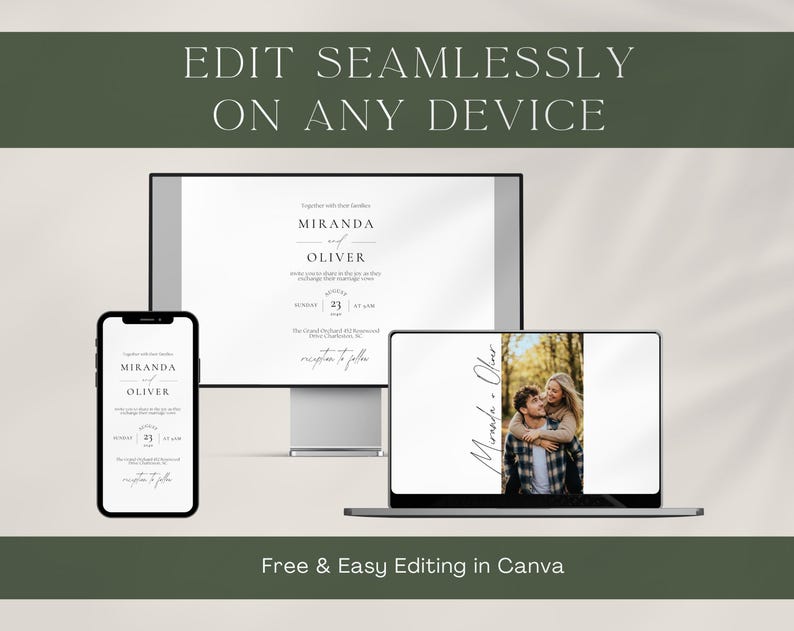 May include: A digital mockup of wedding invitations displayed on a smartphone, computer monitor, and laptop. The text "EDIT SEAMLESSLY ON ANY DEVICE" is at the top. The text "Free & Easy Editing in Canva" is at the bottom.
