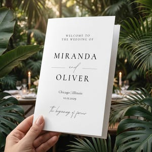 Modern wedding program template, showcasing a minimalist ceremony booklet design.